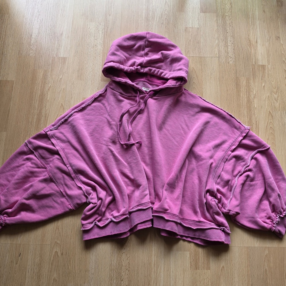 Pilcro Anthropologie Pink Oversized Cropped Hoodie Raw Seam S/M